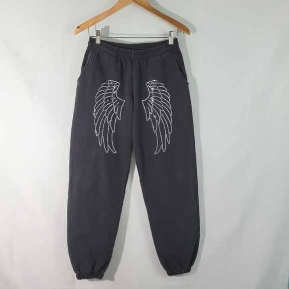 VTG 90's Women's Black Embellished Angel Wings Jogger Sz S Whimsygoth Streetwear - Picture 2 of 12
